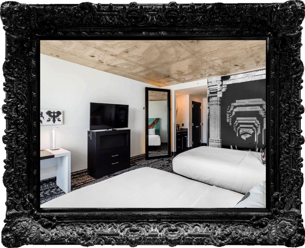 Framed image of one of our hotel rooms in Dallas, Texas