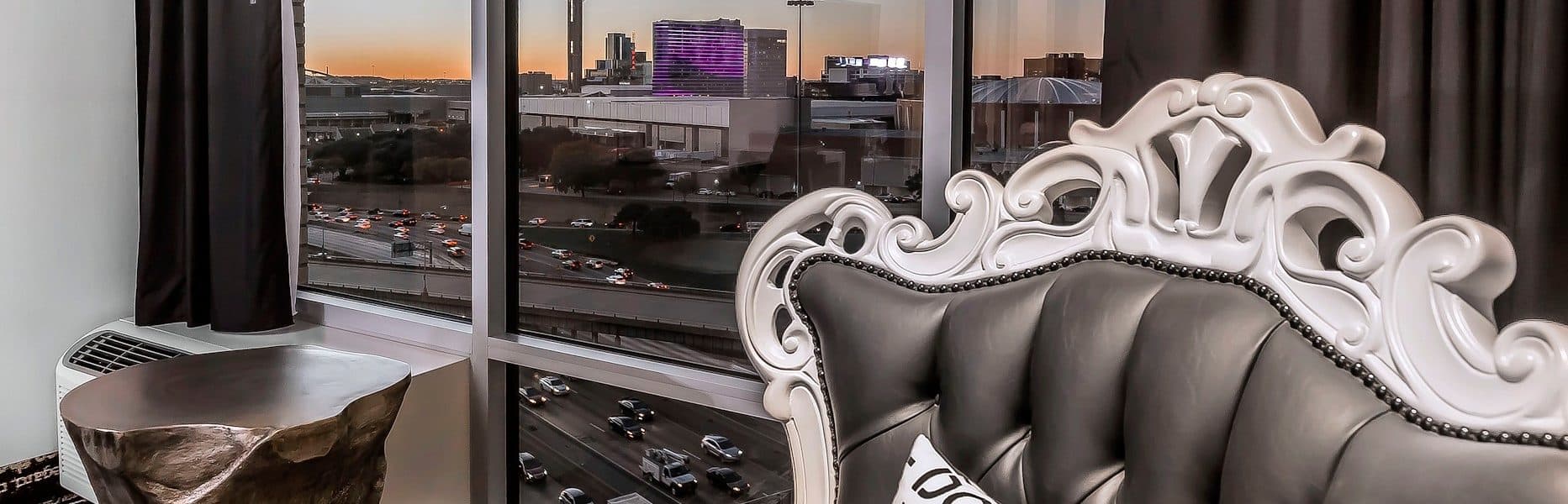 View of downtown Dallas behind chair