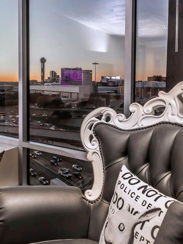 View of downtown Dallas behind chair