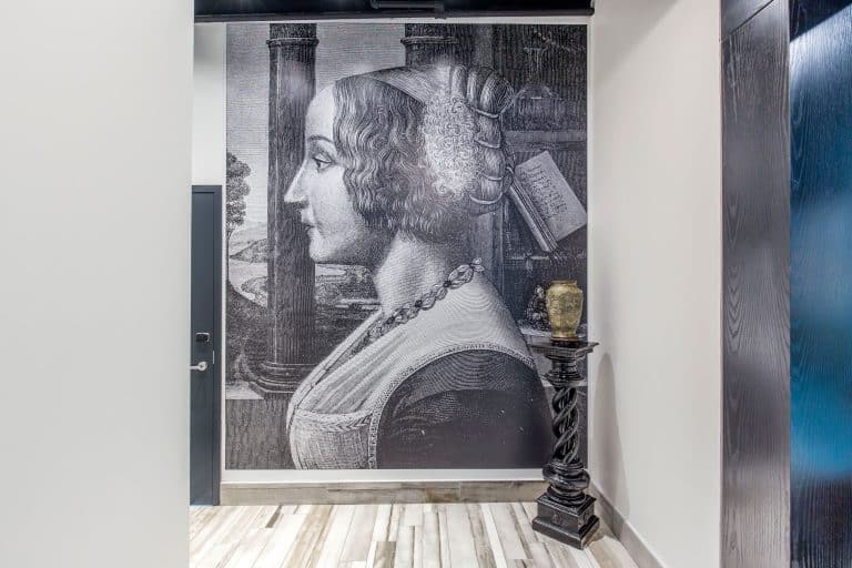 Black and white Renaissance woman mural