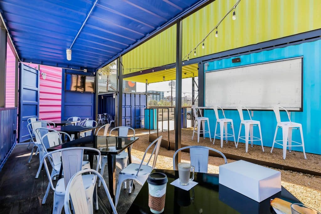 Shipping container taqueria outside of our Dallas hotel with a restaurant