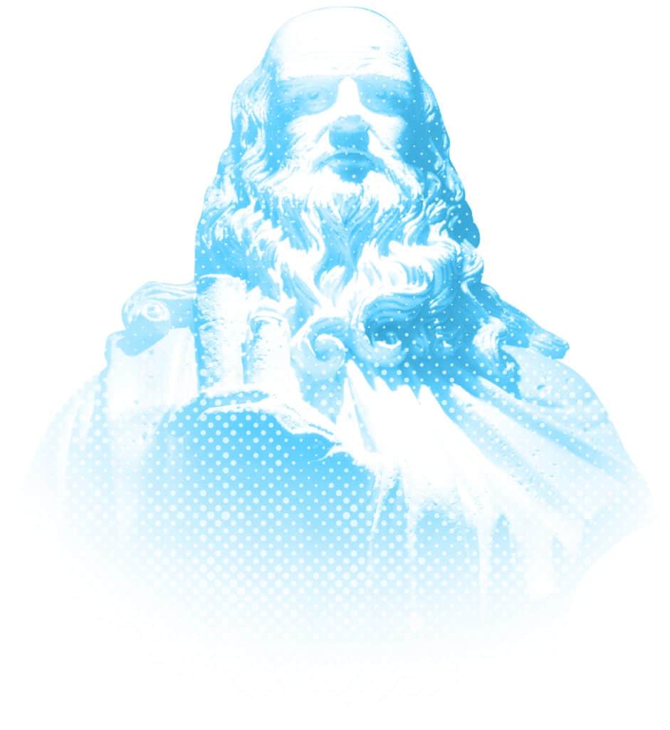 Dramatic blue portrait of a bearded ancient philosopher