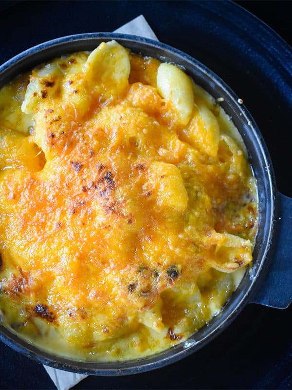 A bowl of oven-baked macaroni and cheese at the best hotel restaurant in Dallas
