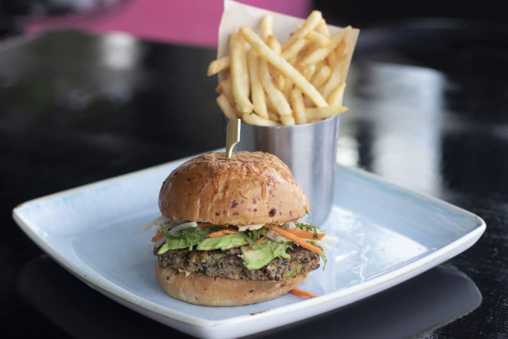 Veggie burger and a cup of fries at our boutique hotel in downtown Dallas, TX