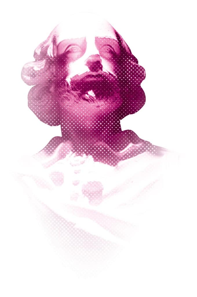 Pink and white image of a William Shakespeare bust at our Dallas hotel