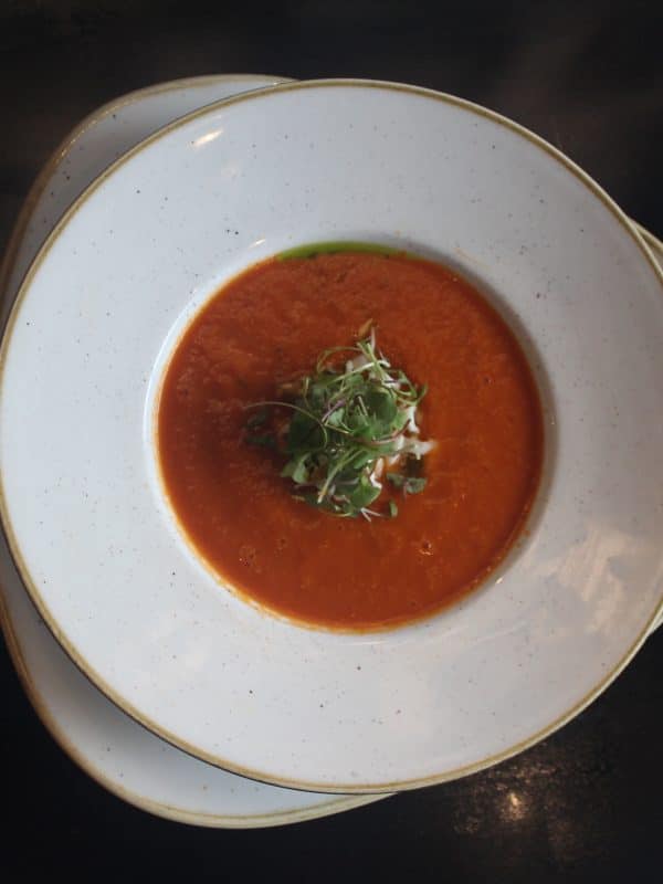 Top-down view of tomato soup with a garnish at our Dallas hotel